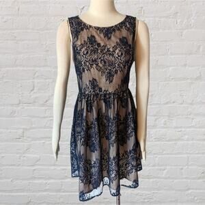 FOREVER 21 Navy Blue Lace Party Dress with Tan Lining Large